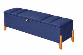 Recamier Calçadeira Baú Para Quarto Pés Em Madeira Luxo Decorativo Estofado Queen 160 cm Azul Marinho