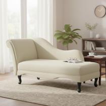 Recamier Decorativo Divã Olivia Couro Bege Pés Madeira Mz Decor - Mazzero Decor