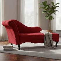 Recamier Decorativo Divã Olivia Couro Vermelho Pés Madeira Ms Decor - Mansão Decor