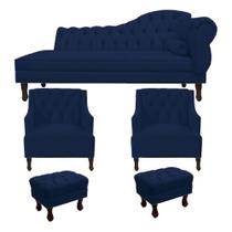 Recamier Divã Larissa 140cm Lado Direito + 2 Poltrona Genesis + 2 Puff Retro Suede Azul Marinho Recamier Divã Larissa 140cm Lado Direito + 2 Poltrona Genesis + 2 Puff Retro Suede Azul Marinho