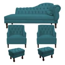 Recamier Divã Larissa 140cm Lado Direito + 2 Poltrona Genesis + 2 Puff Retro Suede Azul Turquesa