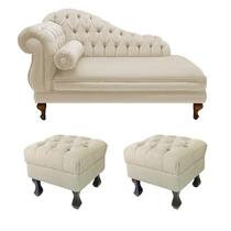 Recamier Divã Larissa 150cm Direito de Quem Senta E 2 Puffs Retrô Suede Bege - DL DECOR