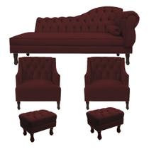 Recamier Divã Larissa 160cm Lado Direito + 2 Poltrona Genesis + 2 Puff Retro Suede Bordo Recamier Divã Larissa 160cm Lado Direito + 2 Poltrona Genesis + 2 Puff Retro Suede Bordo