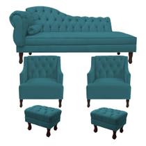 Recamier Divã Larissa 160cm Lado Esquerdo + 2 Poltrona Genesis + 2 Puff Retro Suede Azul Turquesa