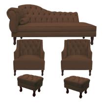 Recamier Divã Larissa 160cm Lado Esquerdo + 2 Poltrona Genesis + 2 Puff Retro Suede Marrom