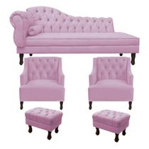 Recamier Divã Larissa 160cm Lado Esquerdo + 2 Poltrona Genesis + 2 Puff Retro Suede Rosa Bebê
