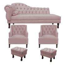 Recamier Divã Larissa 185cm Lado Esquerdo + 2 Poltrona Genesis + 2 Puff Retro Suede Rosê