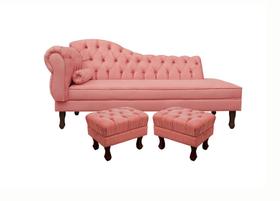 Recamier divã larissa 185cm lado esquerdo + 2 puffs retrô suede rosa