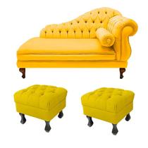 Recamier Divã Namoradeira Larissa 150cm + 2 Puffs Retrô Suede Amarelo Recamier Divã Namoradeira Larissa 150cm + 2 Puffs Retrô Suede Amarelo