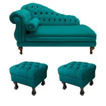 Recamier Divã Namoradeira Larissa 150cm + 2 Puffs Retrô Suede Azul Turquesa Recamier Divã Namoradeira Larissa 150cm + 2 Puffs Retrô Suede Azul Turquesa