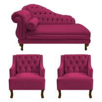 Recamier Larissa 150 cm Direito de quem senta e 2 Poltronas Genesis Suede Rosa Pink - DL Decor