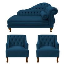 Recamier Larissa 150 cm Esquerdo de quem senta e 2 Poltronas Genesis Suede Azul Marinho - LM DECOR