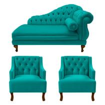 Recamier Larissa 150 cm Esquerdo de quem senta e 2 Poltronas Genesis Suede Azul Turquesa - LM DECOR