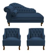 Recamier Larissa 160 cm Direito de quem senta e 2 Poltronas Genesis Suede Azul Marinho - LM DECOR