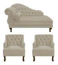 Recamier Larissa 160 cm Direito de quem senta e 2 Poltronas Genesis Suede Bege - LM DECOR