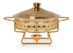 Rechaud Em Vidro Clássico Redondo Dourado Tampa Inox Gourmet