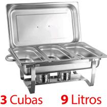 Rechaud Inox Retangular 9 Litros Com 3 Cubas 1/3 Banho Maria Panelas Buffet Brinovar