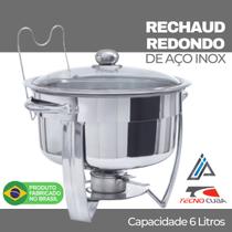 Rechaud Redondo De Aço Inox 6 Litros Banho Maria Tecnocuba Richo Buffet festa restaurante fogareiro queimador de álcool tampa de vidro