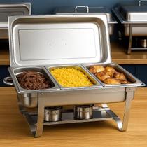 Rechaud RM Retangular em Aço Inox Banho com 3 Cubas e Fogareiro 11 L Buffet