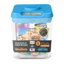 Recipiente de bloqueio temporal, seguro para cozinha, tampa azul de 5,5 cm, base transparente