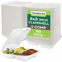Recipientes compostáveis para alimentos Clamshell Freshware 8x8, pacote com 50 compartimentos