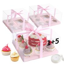 Recipientes de cupcake JCD Pink 1+5 cupcakes com fita de presente, 3 unidades