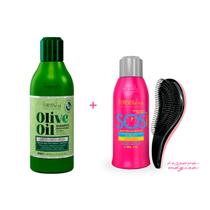 Reconstrutor SOS + Shampoo Olive Oil Forever Liss +Escova