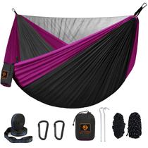 Rede de Camping Qevooon com Mosquiteiro - Nylon Preto e Rosa