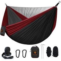 Rede de Camping Qevooon com Mosquiteiro - Nylon Preto e Vermelho