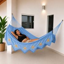 Rede de Descanso Gigante de Dormir Casal Reforçada com Varanda Bordada Várias Cores 100% Algodão Cor:Azul Bebê