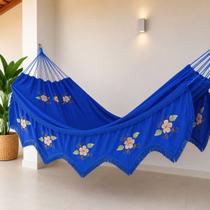 Rede de Descanso Gigante de Dormir Casal Reforçada com Varanda Bordada Várias Cores 100% Algodão Cor:Azul