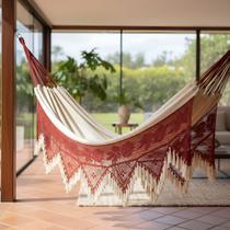 Rede de Dormir Casal Artesanal, Algodão Natural, Bege Ostra com Macramê Terracota, 4,20m x 1,50m, Estilo Boho Chic, 250k