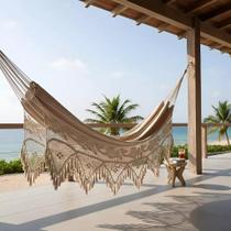 Rede de Dormir Casal Artesanal Macramê, Areia, 4,20m x 1.50m, Algodão, Suporta 200kg, Estilo Ostra com Acabamento feito