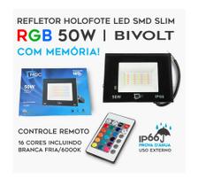 Refletor Holofote LED RGBW 50W C/ Memória SMD SLIM Bivolt IP66/Uso Externo Luz Branca Fria incluída