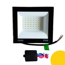 Refletor Led 100w Ip66 3000k Branco Quente Bivolt Smd Prova D'agua + Rele Fotocelula