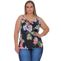 Regata Alcinha Crepe Estampada com Alça Regulável e Babados Plus Size