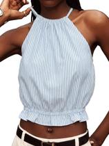 Regata Cropped Listrada IDEALSANXUN com Decote Halter em Algodão XL Regata Cropped Listrada IDEALSANXUN com Decote Halter em Algodão XL