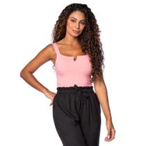 Regata Feminina Cativa Canelada Com Detalhe no Decote Rosa
