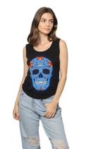 Regata Feminina Caveira Mexicana Estilo Caveira Azul Vintage Camiseta Estilosa Tamanho Único Regata Feminina Caveira Mexicana Estilo Caveira Azul Vintage Camiseta Estilosa Tamanho Único