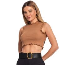 Regata Feminina Cropped Ribana Manga Franzida com babado