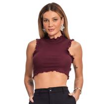 Regata Feminina Cropped Ribana Manga Franzida com babado Regata Feminina Cropped Ribana Manga Franzida com babado