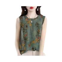 Regata Feminina De Verão Estampada Sem Mangas Coreana Casual Vintage Colete Com Gola Redonda