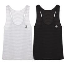 Regata Feminina Fitness em Tecido Dry-Fit Kit 2 cores para academia e exercícios - Branco+Preto