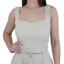 Regata Feminina Parado no Ar Cropped Linho Bege Off - 72113 Regata Feminina Parado no Ar Cropped Linho Bege Off - 72113