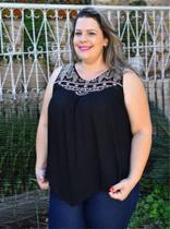 Regata Feminina Plus Size, Preto, Frente Bordada