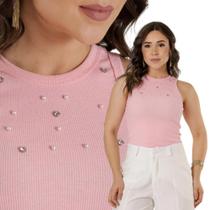 Regata Feminina Ribana Canelada Pérolas Ponto de Luz Strass Tendência Verão Candy