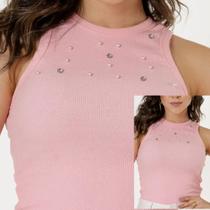 Regata Feminina Ribana Canelada Pérolas Strass Blusa Tendência