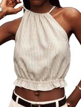 Regata IDEALSANXUN listrada bege de algodão com gola halter P Regata IDEALSANXUN listrada bege de algodão com gola halter P