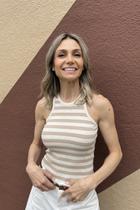 Regata Nadador Listrada Cru Com Bege Em Viscose Modal E Linho