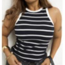Regata Plus Size Canelada Ribana Listra Fundo Preto G1 G2 G3 Extra Grande Moda Estica Calor Verão